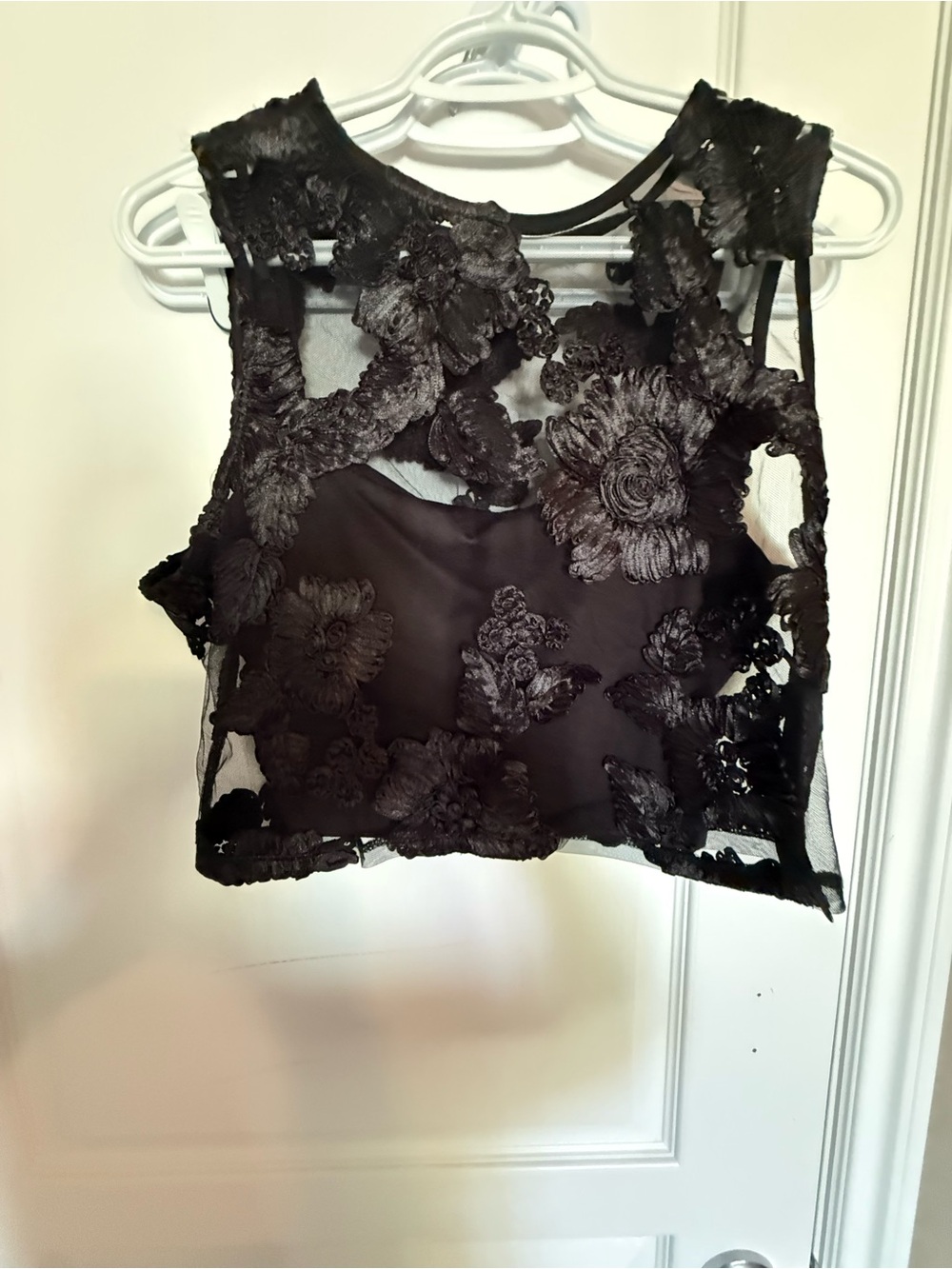 Dynamite Black Sheer Floral Appliqué Crop Camisole